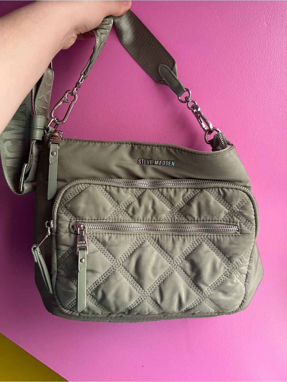 Steve Madden Forrest Nylon Quilted Crossbody Bag in Sage